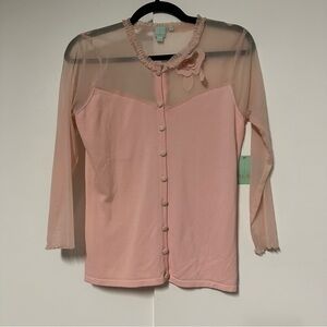 New! Shu Shu pink Mesh feminine modest delicate Sweater Cardigan Size Small